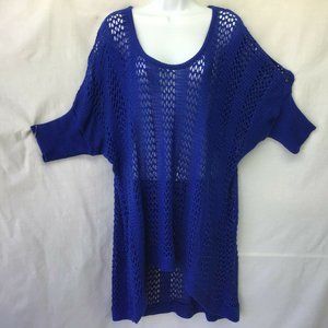 Ashley Stewart Women Sweater Tunic Blu Loose Knit 3/4 Sleeve Peep Shoulder 18/20